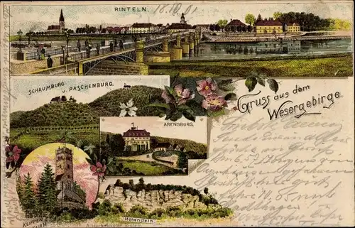 Litho Rinteln an der Weser, Schaumburg, Paschenburg, Arensburg, Hohenstein, Klippenturm