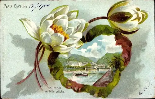 Seerosenblatt Litho Bad Ems an der Lahn, Kursaal mit Gitterbrücke