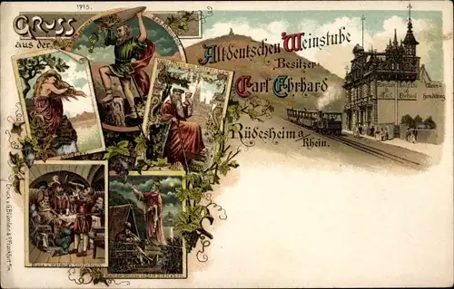 Litho Rüdesheim am Rhein Hessen, Altdeutsche Weinstube, Loreley, Vater Rhein, Hagen