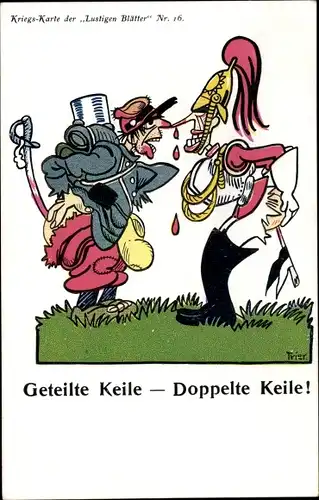 Künstler Ak Trier, Geteilte Keile, doppelte Keile, englischer und französischer Soldat, I. WK