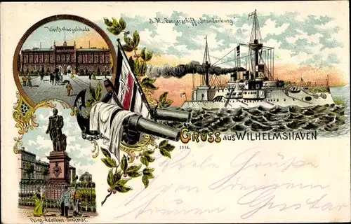 Litho Wilhelmshaven, Werfttorgebäude, Prinz Adalbert Denkmal, Panzerschiff SMS Brandenburg