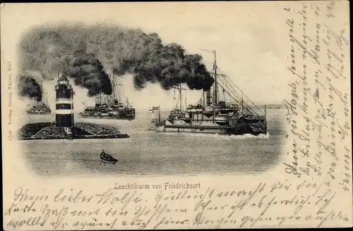 Ak Friedrichsort Kiel in Schleswig Holstein, Leuchtturm, deutsche Kriegsschiffe, Kaiserliche Marine