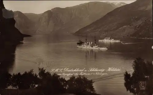 Ak Sognefjord Norwegen, Deutsche Kriegsschiffe, SMS Deutschland, SMS Schleswig Holstein