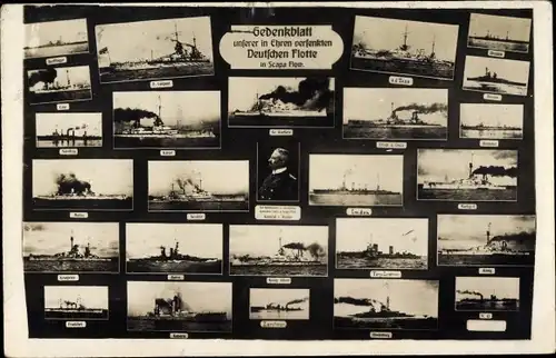 Ak Deutsche Kriegsschiffe, Gedenkblatt d. versenkten kaiserl. Flotte, Scapa Flow, Admiral von Reuter