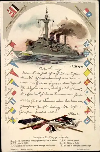 Litho Deutsches Kriegsschiff, Linienschiff, Flaggensignale, Kaiserliche Marine