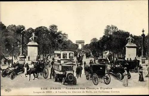 Ak Paris VIII., Avenue des Champs Elysees, les Chevaux de Marly, Autobus, Autos, Kutschen