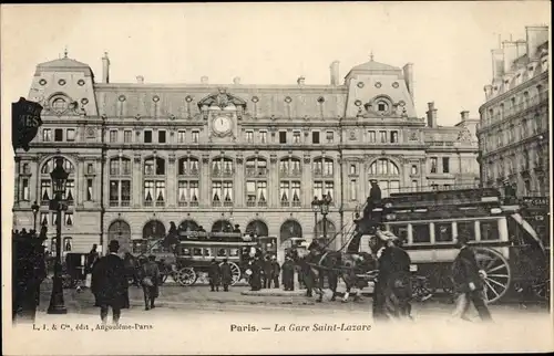 Ak Paris VIII., La Gare Saint Lazare, Bahnhof, Kutschen