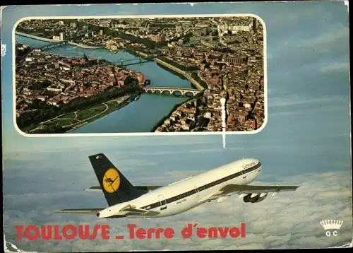 Ak Toulouse Haute Garonne, Vue General sur la Garonne, Passagierflugzeug Lufthansa
