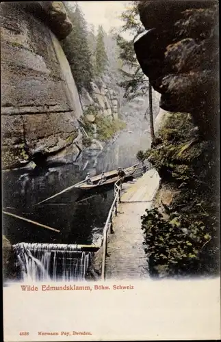 Ak Hřensko Herrnskretschen Elbe Region Aussig, Edmundsklamm, Ruderpartie