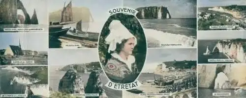 Ak Étretat Seine Maritime, Frau in Tracht, Felsen, Segelboote