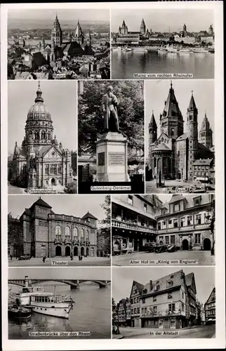 Ak Mainz in Rheinland Pfalz, Dom, Christuskirche, Gutenberg-Denkmal, Rheinpartien, Theater, Altstadt