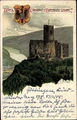 Künstler Ak Biese, C., Bernkastel Kues an der Mosel, Burg Landshut, Wappen
