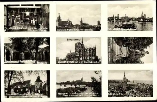 Ak Stralsund in Vorpommern, Dreikirchenblick, Hindenburgufer, Rathaus, Nicolaikirche, Kreuzgang