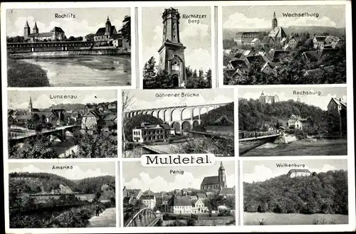 Ak Rochlitz an der Mulde, Ansichten vom Muldetal, Wechselburg, Wolkenburg, Penig, Lunzenau, Amerika