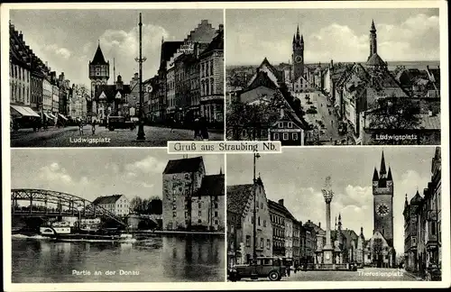 Ak Straubing an der Donau Niederbayern, Ludwigsplatz, Theresienplatz, Donaupartie