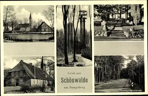 Ak Schönwalde am Bungsberg in Ostholstein, Kirche, Ehrenmal, Milchstraße, Jugendherberge