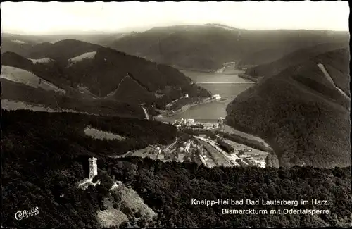 Ak Bad Lauterberg im Harz, Bismarckturm mit Odertalsperre, Luftaufnahme