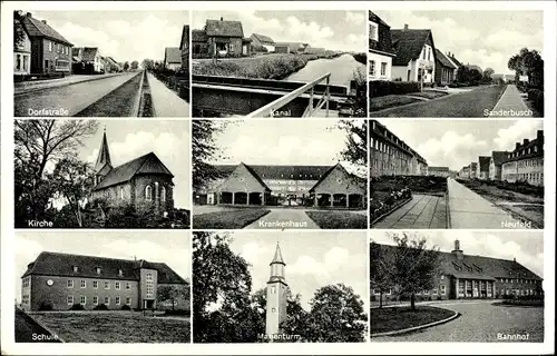 Ak Sande in Friesland, Kanal, Bahnhof, Krankenhaus, Schule, Marienturm