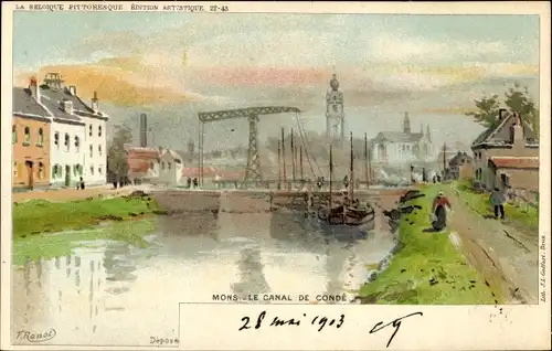 Künstler Litho Ranot, F., Mons Wallonien Hennegau, Canal de Condé, Zugbrücke