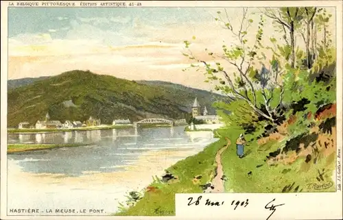 Künstler Litho Ranot, F., Hastière Wallonien Namur, La Meuse, Le Pont, Brücke