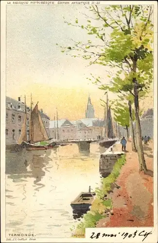 Künstler Litho Ranot, F., Dendermonde Ostflandern Belgien, Flusspartie, Segelboote