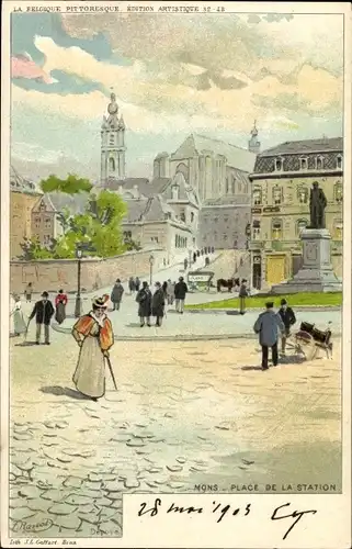 Künstler Litho Ranot, F., Mons Wallonien Hennegau, Place de la Station