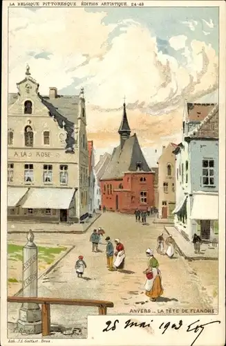 Künstler Litho Ranot, F., Antwerpen Anvers Flandern, La tète de Flandre, Straßenpartie