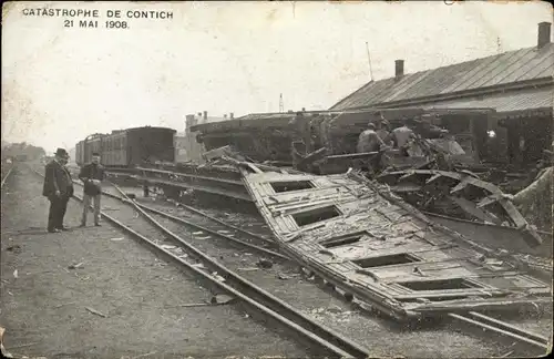 Ak Contich Kontich Flandern Antwerpen, Catastrophe 1908, Eisenbahn nach dem Unfall
