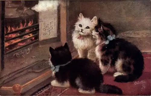 Künstler Ak Home sweet home, Drei Katzen betrachten dampfenden Wasserkessel