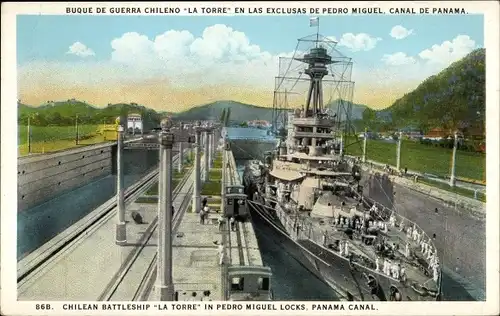 Ak Panama, Chilean Battleship La Torre in Pedro Miguel Locks, Panama Canal