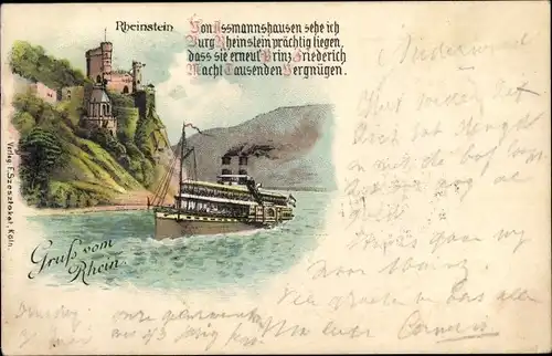 Litho Trechtingshausen, Burg Rheinstein, Felsen, Fluss, Salondampfer