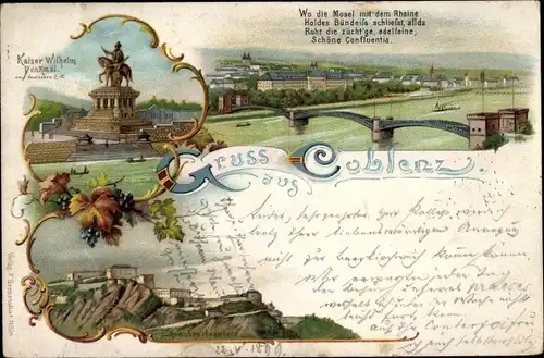 Litho Koblenz in Rheinland Pfalz, Deutsches Eck, Rheinbrücke, Ehrenbreitstein