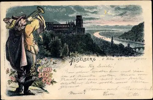 Litho Heidelberg am Neckar, Trompeter von Säckingen, Vogelschau auf Ort bei Mondschein