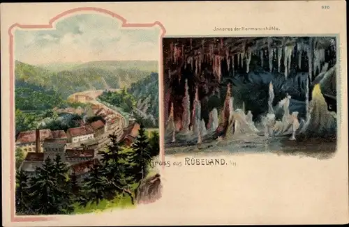 Litho Rübeland Oberharz am Brocken, Hermannshöhle, Innenansicht, Blick auf den Ort