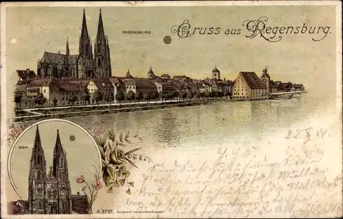 Litho Regensburg an der Donau Oberpfalz, Stadtbild mit Dom