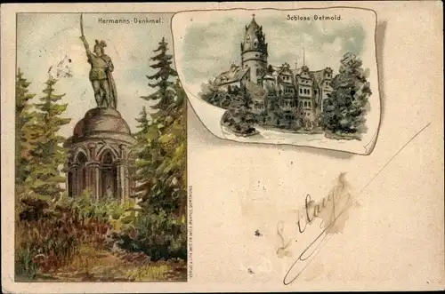 Litho Detmold in Nordrhein Westfalen, Schloss mit Hermanns Denkmal