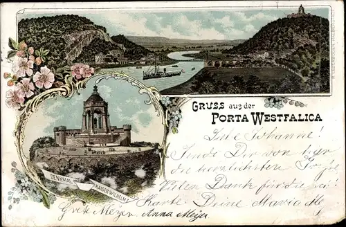 Litho Porta Westfalica an der Weser, Ort mit Umgebung, Denkmal Kaiser Wilhelm I.