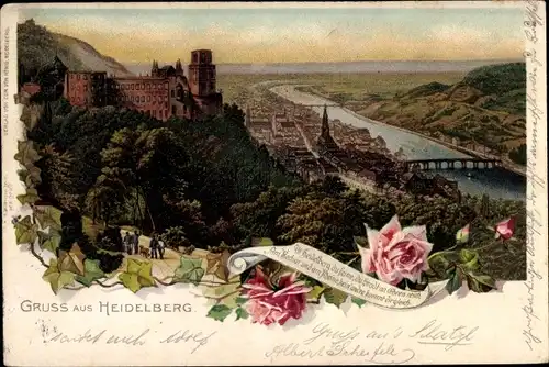 Litho Heidelberg am Neckar, Panoramablick auf Schloss und Stadt, Rosen