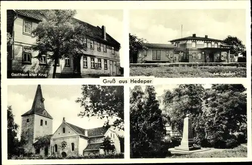 Ak Hedeper in Niedersachsen, Gasthaus alter Krug, Bahnhof, Kirche, Denkmal