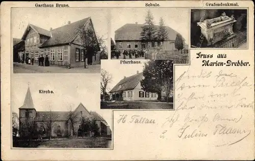 Ak Mariendrebber Drebber Niedersachsen, Gasthaus, Schule, Pfarrhaus, Kirche, Grafendenkmal