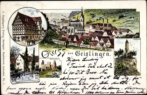 Litho Geislingen an der Steige, Gesamtansicht, Kirche, Gasthaus, Turm