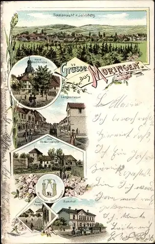 Litho Moringen im Solling, Stadtkirche, Lange Straße, St. Martini Kirche, Bahnhof, Wappen