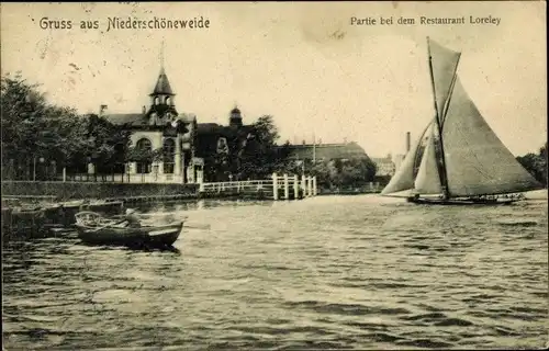 Ak Berlin Treptow Niederschöneweide, Partie beim Restaurant Loreley, Selegboot, Ruderboot