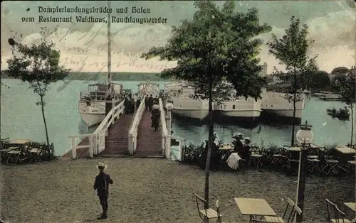 Ak Berlin Köpenick Schmöckwitz Rauchfangswerder, Dampferlandungsbrücke, Hafen, Restaurant Waldhaus