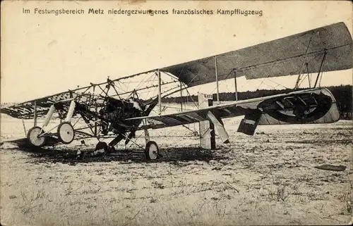 Ak Im Festungsbereich Metz niedergezwungenes französisches Kampfflugzeug, I WK