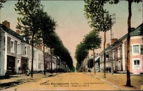 Ak Cerans Foulletourte Sarthe, Route Nantes Paris, Rue Nationale, Hotel de France