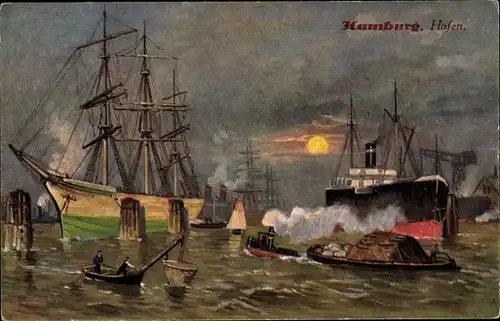Ak Hamburg, Hafen, Segelschiff, Dampfschiff, Schleppschiff
