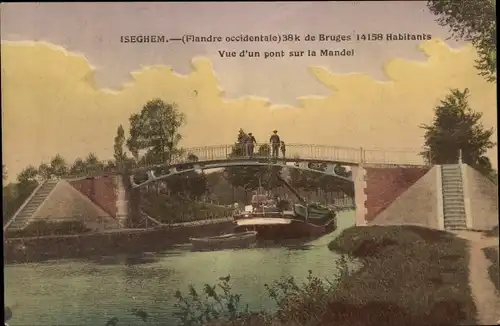 Ak Izegem Iseghem Westflandern, Vue d'un pont sur la Mandel, Lastkahn