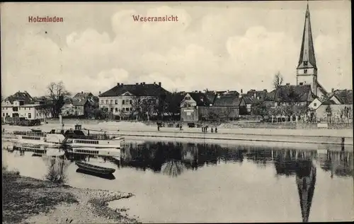 Ak Holzminden an der Weser, Blick auf den Ort, Salondampfer