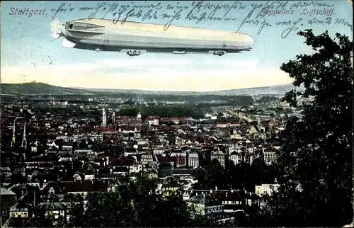 Ak Stuttgart in Württemberg, Zeppelins Luftschiff über der Stadt